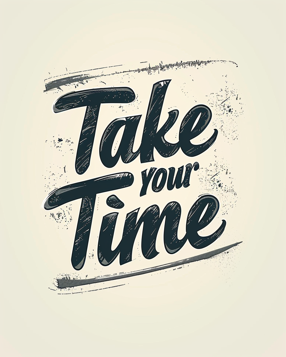 Typography poster från Nordanio med texten "Take Your Time" i elegant design, svart text på ljus bakgrund.