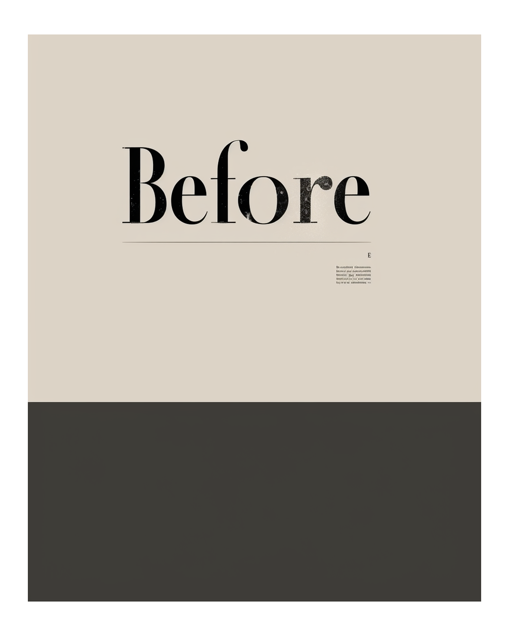 Typografiposter med ordet "Before" av Nordanio, elegant design med modern typografi på vit bakgrund.