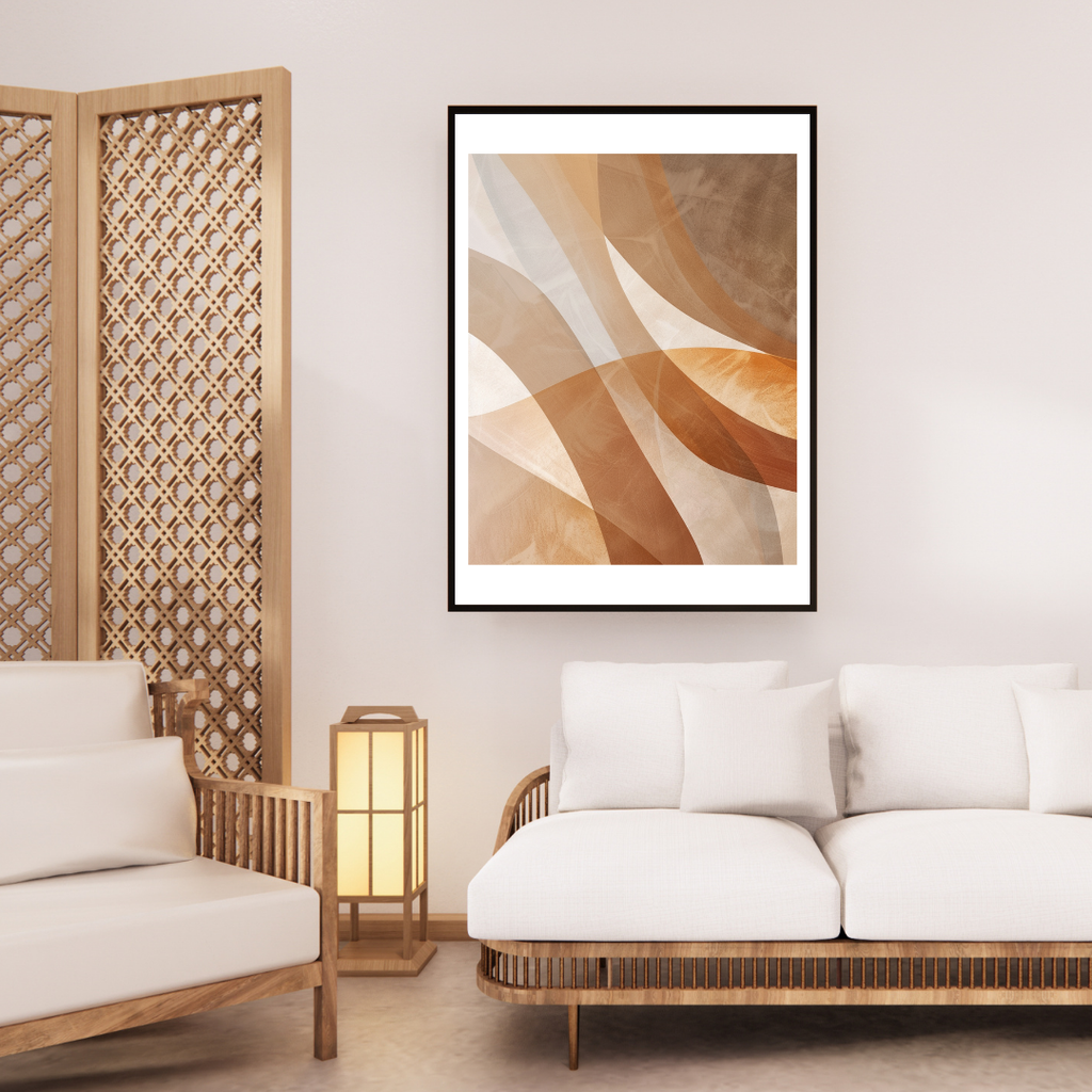 Abstrakt väggposter i beige med skuggade former från Nordanio, inramad i en modern 3D-inredningsbild.