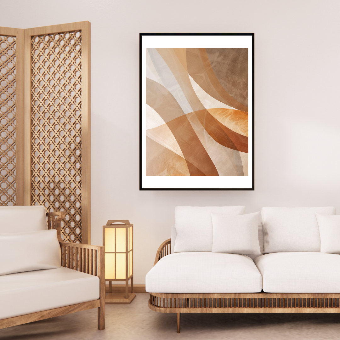 Abstrakt väggposter i beige med skuggade former från Nordanio, inramad i en modern 3D-inredningsbild.