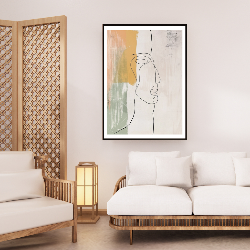 Beige abstrakt väggposter i kontinuerlig linjestil från Nordanio, inramad och hängd på vägg för modern inredning.
