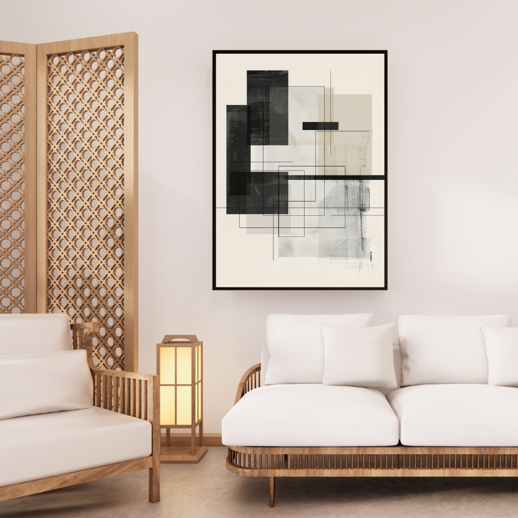 Abstrakt väggposter med geometriska linjer i beige färg, designad av Nordanio för modern inredning.