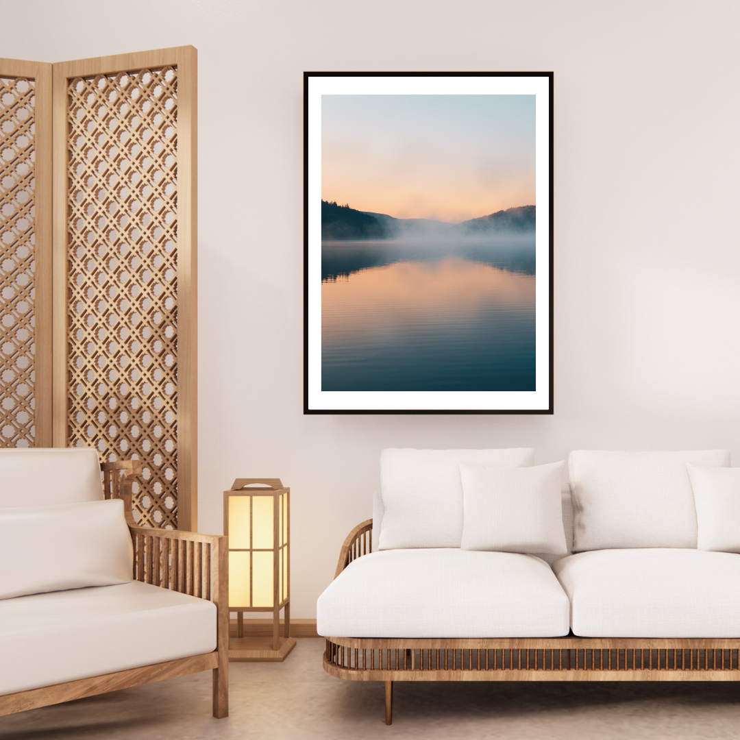 Beige naturposter med sjö- och soluppgångsdesign från Nordanio, perfekt för inredning och väggdekoration.