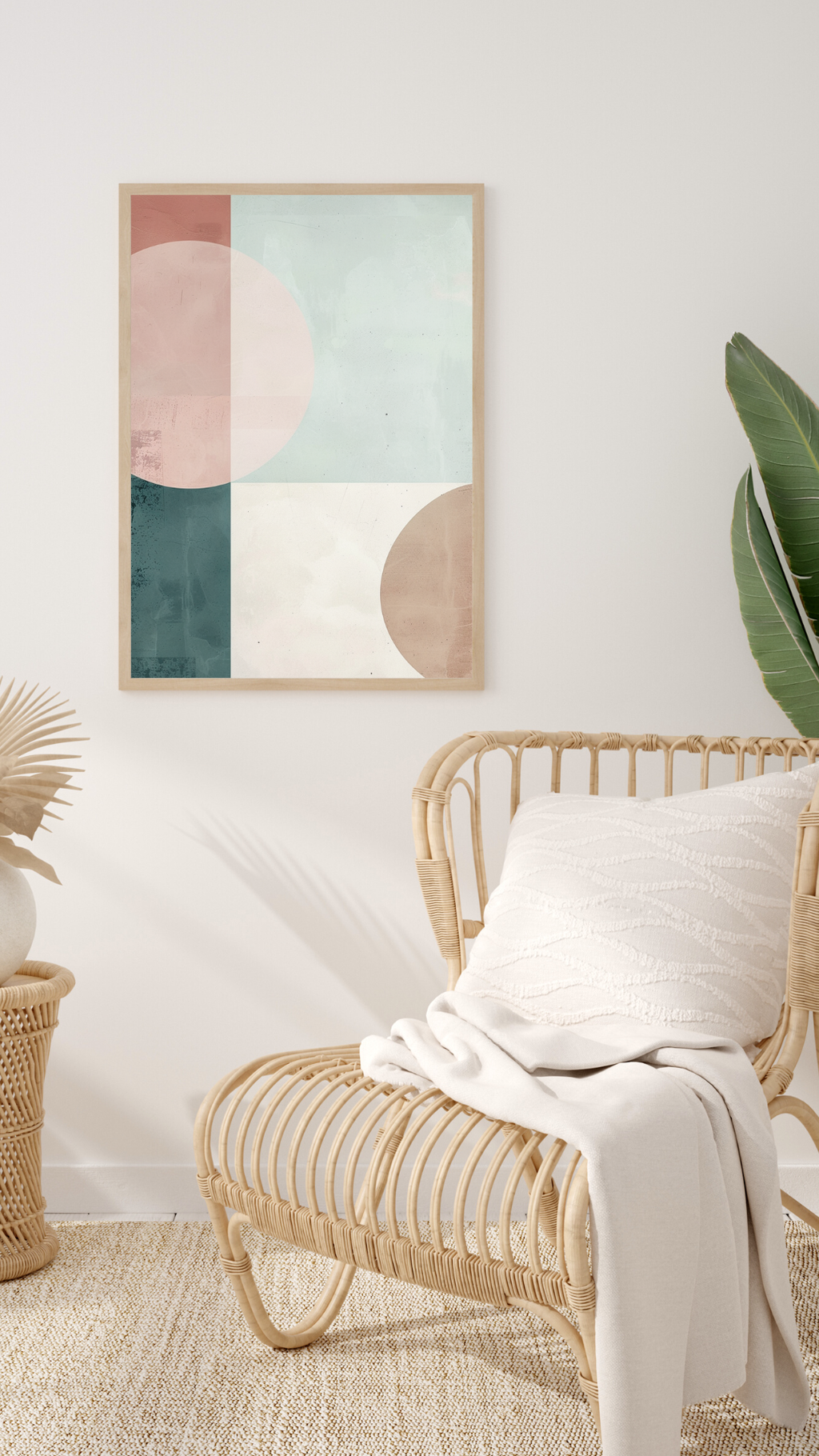 Beige abstrakt väggposter i geometrisk design från Nordanio, passar modern boho-livingrum inredning.
