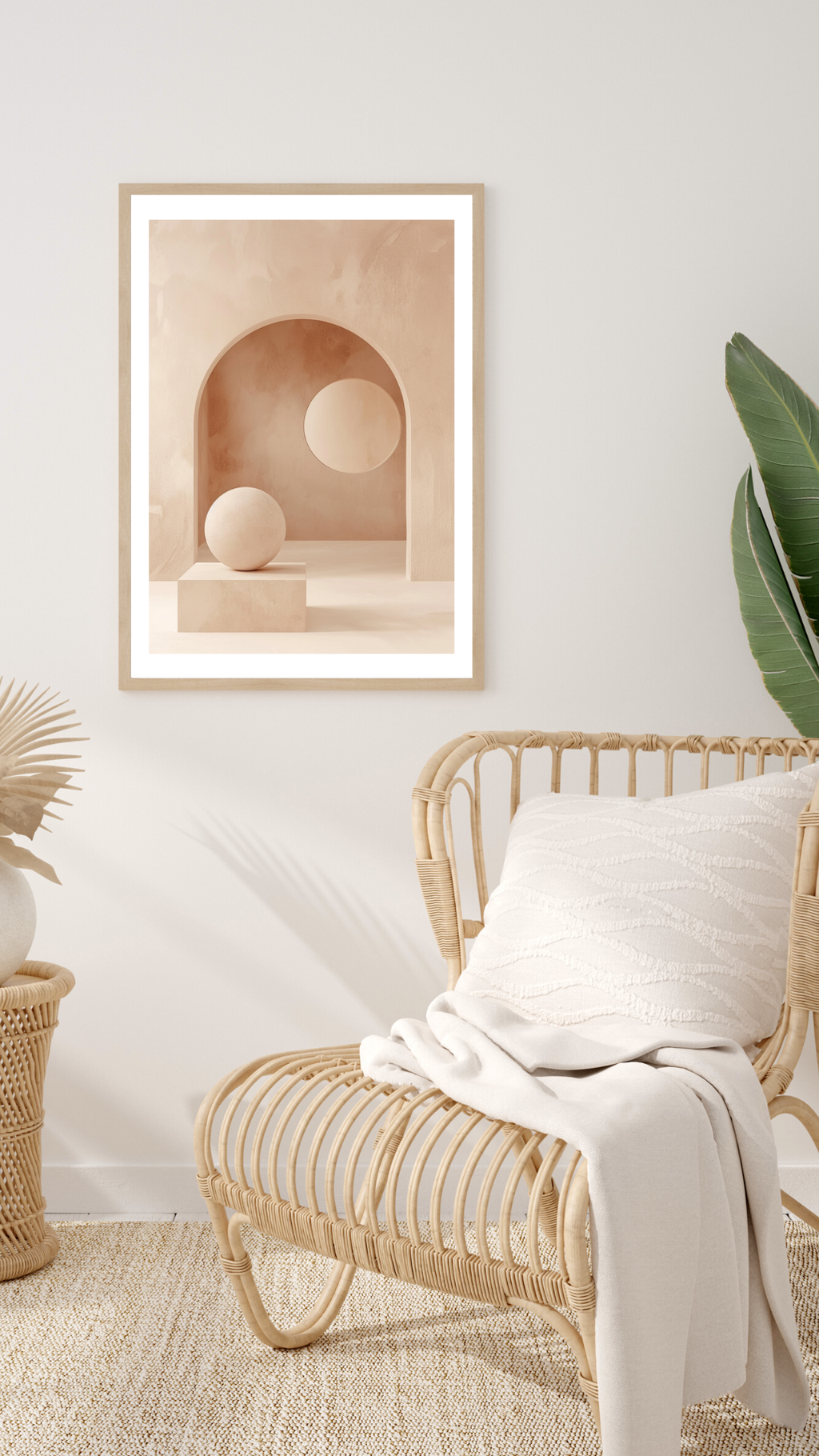 Beige abstrakt väggposter med cirkelmotiv från Nordanio, modern boho-inspirerad konst för vardagsrummet.