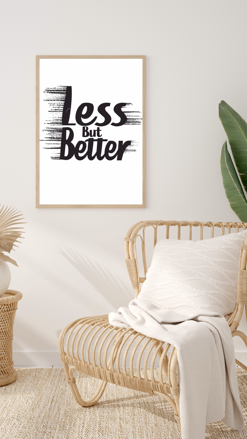 Beige typografiposter från Less But Better av Nordanio, väggkonst för bohemisk inredning i vardagsrummet.