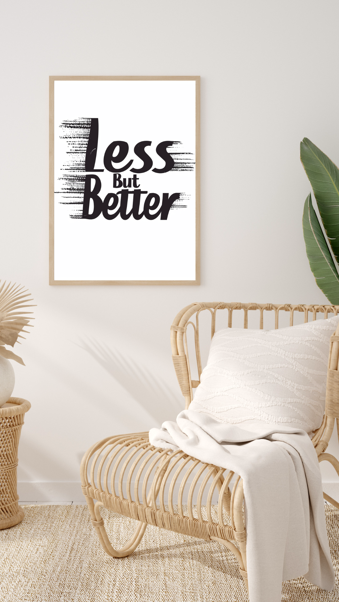 Beige typografiposter från Less But Better av Nordanio, väggkonst för bohemisk inredning i vardagsrummet.