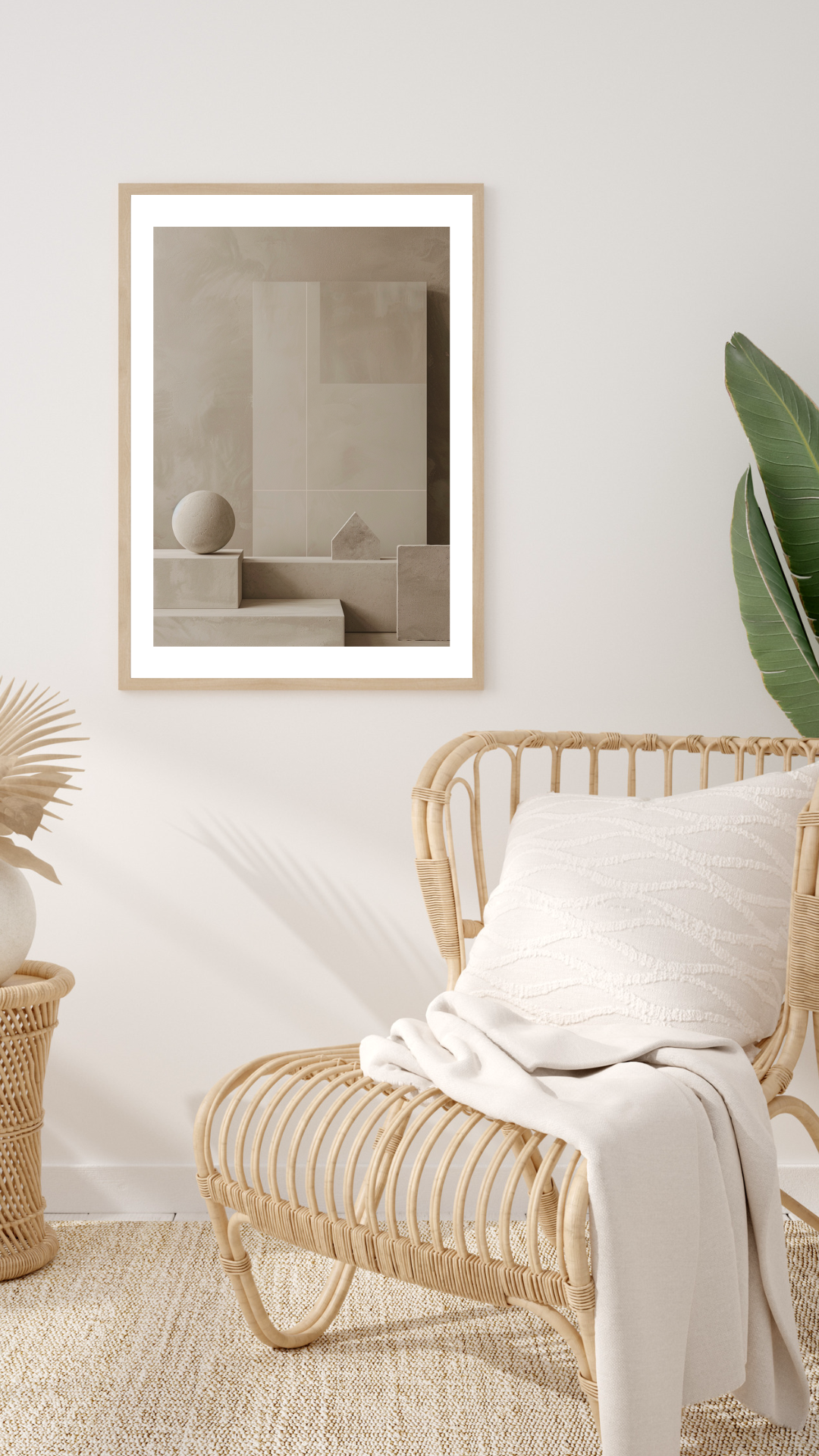 Abstrakt väggposter med geometriska block i beige och jordfärger, designad av Nordanio för modern inredning.