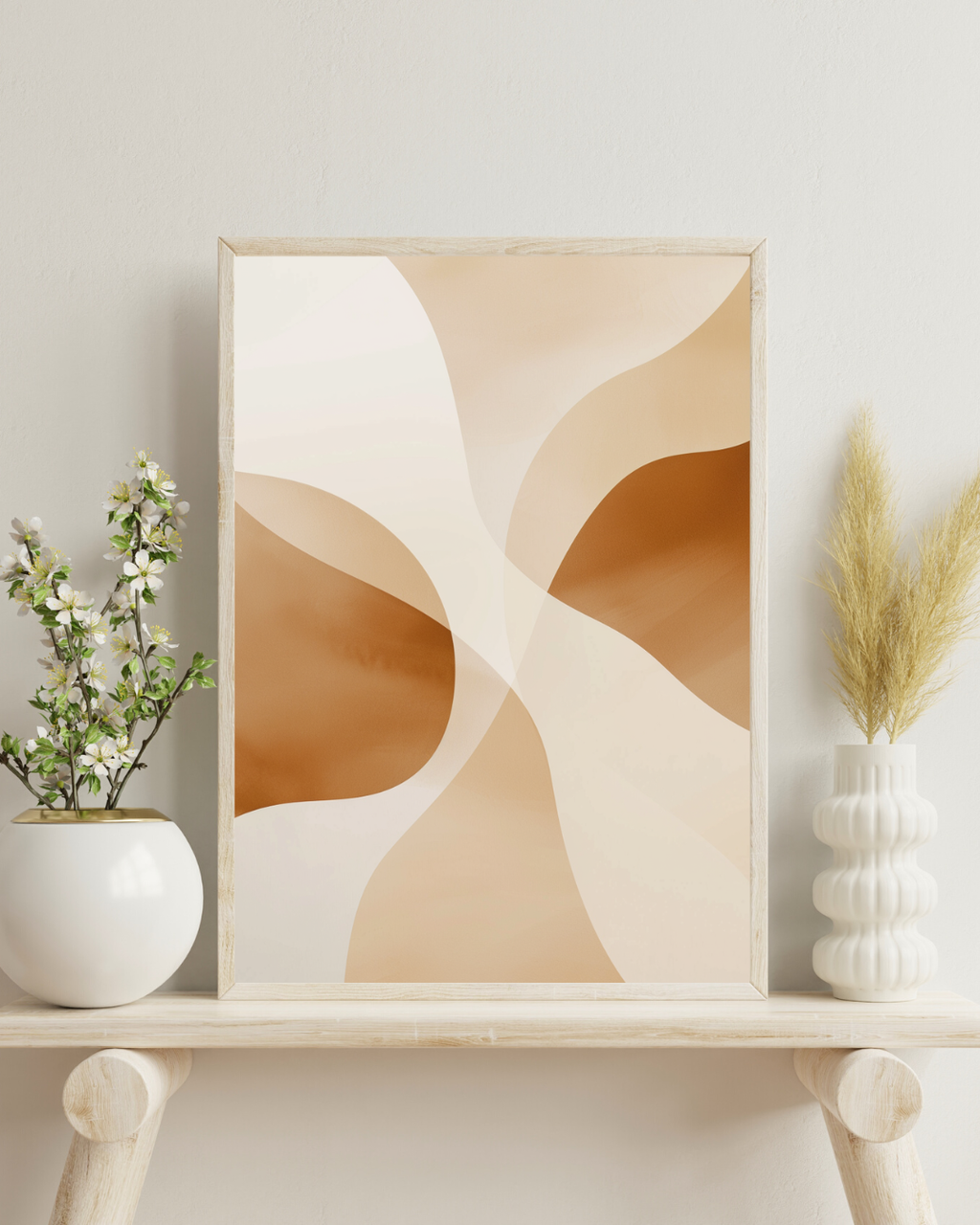 Abstrakt väggposter med överlappande former i beige nyanser, av Nordanio, för modern inredning i vardagsrummet.