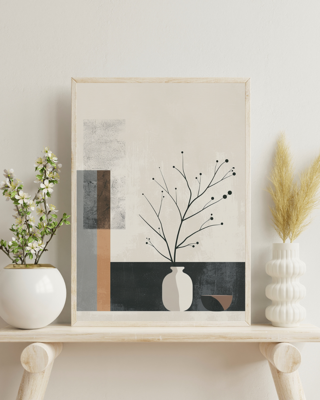 Abstrakt väggposter med geometriska block i beige och minimalistisk stil för modern inredning, från Nordanio.