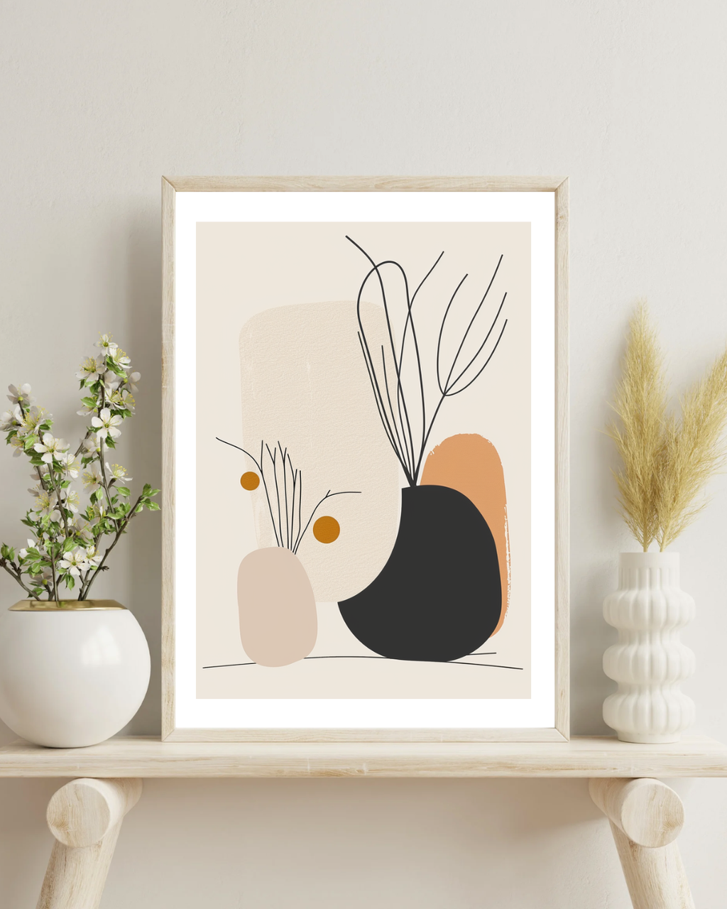 Beige abstrakt väggposter från Nordanio, minimalistisk och modern konst för vardagsrum, inramad som väggdekoration.