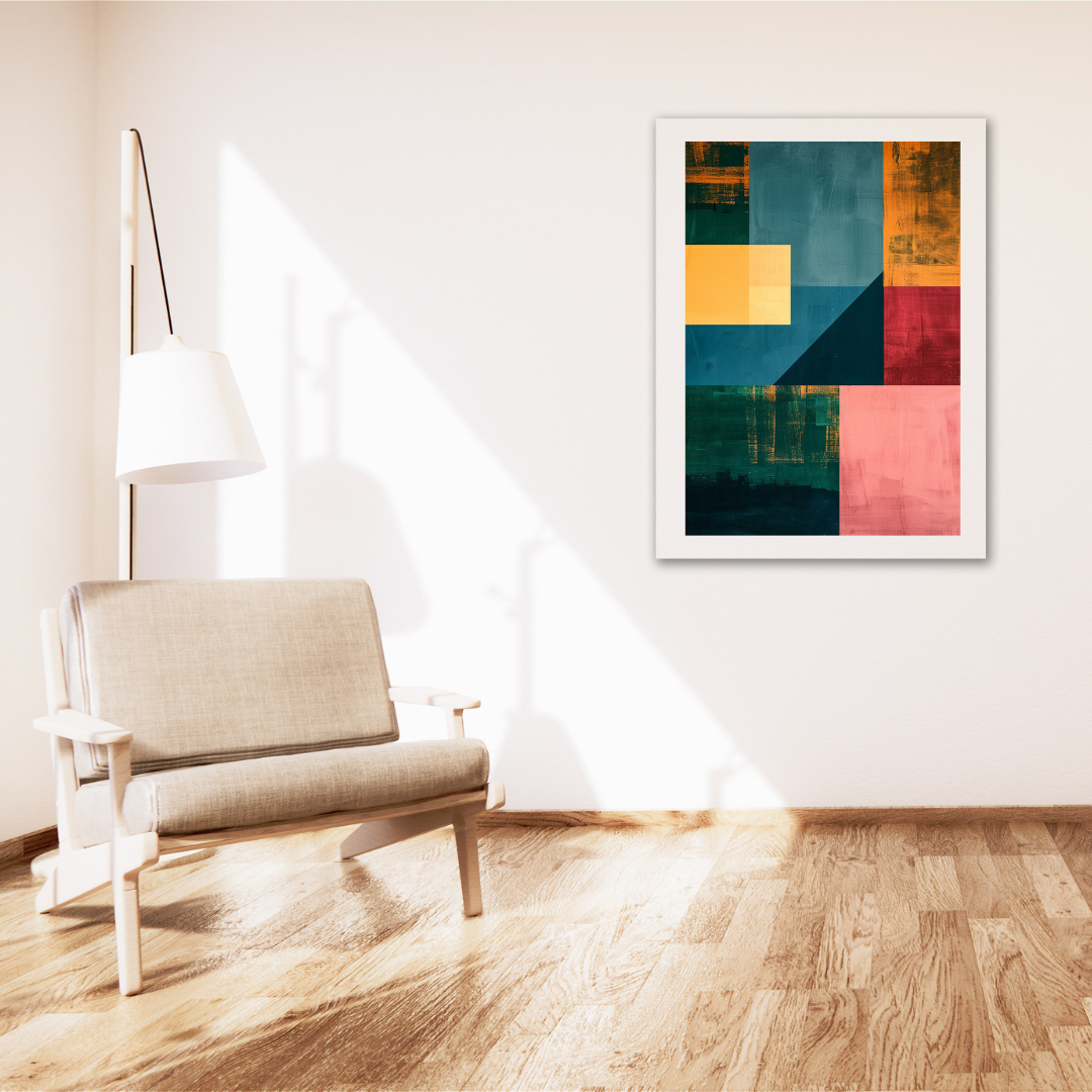 Beige och svart färgblock minimalistisk abstrakt väggposter av Nordanio i modern vardagsrumsbild