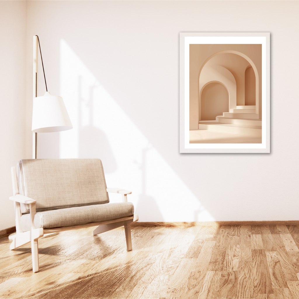 Beige abstrakt väggposter från Nordanio för modern inredning i vardagsrummet, inramad och stylad på vägg.