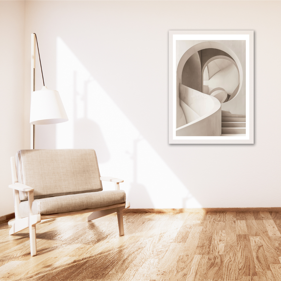 Abstrakt väggposter från Nordanio i beige och modern design, visas på en stilren levande rumsinredning.