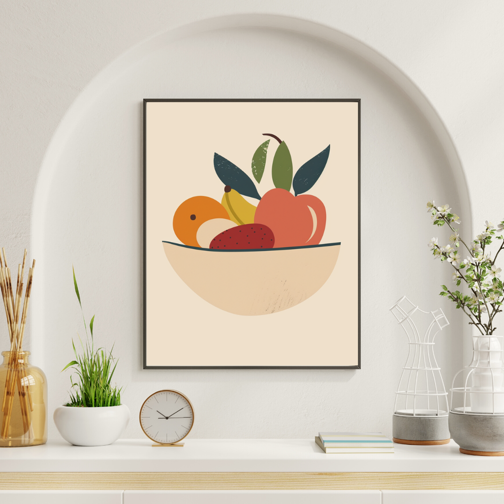 Beige modern fruktposter från Nordanio, dekorativ väggkonst för vardagsrum med fruktmotiv i elegant design