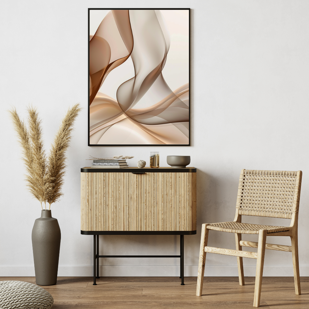 Beige abstrakt väggposter från Nordanio med modern design och minimalistiskt uttryck, inramad och visad på vägg.