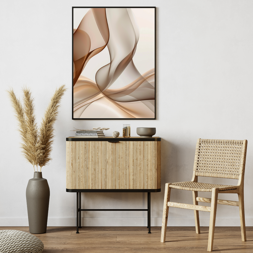Beige abstrakt väggposter från Nordanio med modern design och minimalistiskt uttryck, inramad och visad på vägg.
