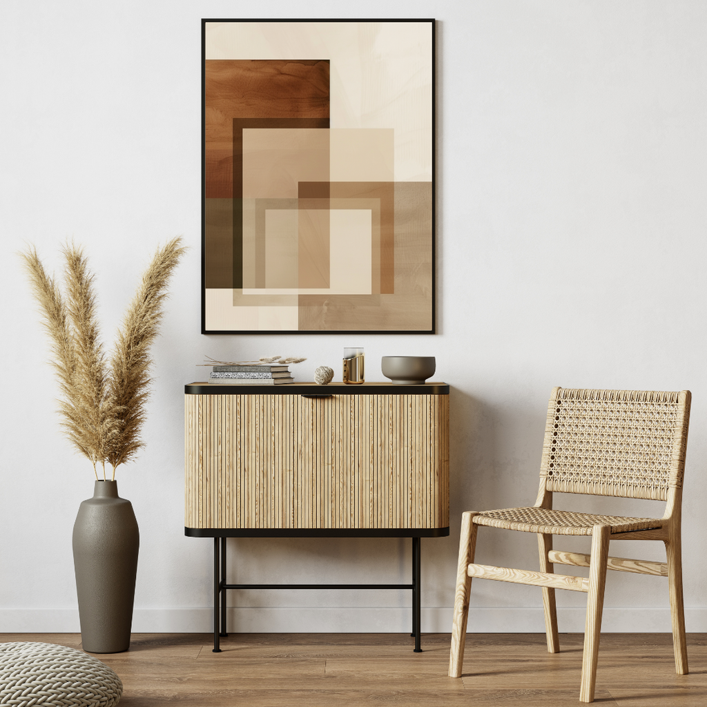 Beige modern abstrakt väggposter i ram från Nordanio, minimalistisk konst för inredning, visad som Instagrammockup.