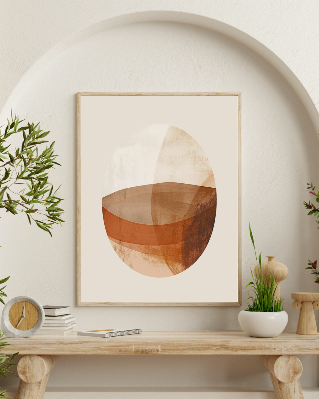 Oval abstrakt väggposter i beige och modern design från Nordanio, passar som konst till studie- eller vardagsrum.