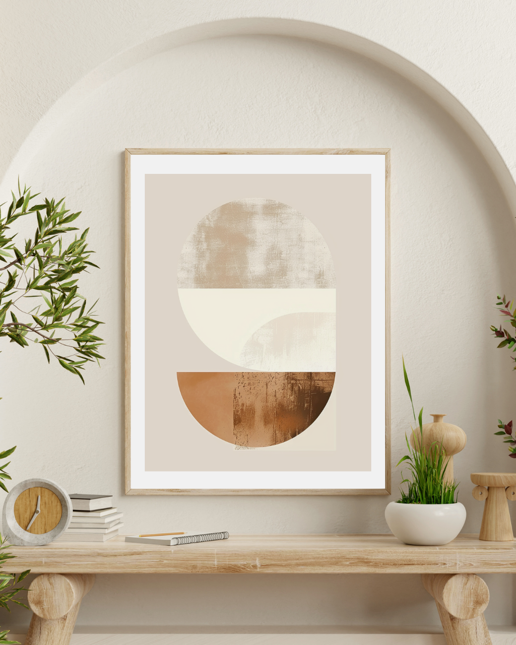 Abstrakt väggposter med geometriska former i beige nyanser, modern design för inredning av studie- eller vardagsrum.