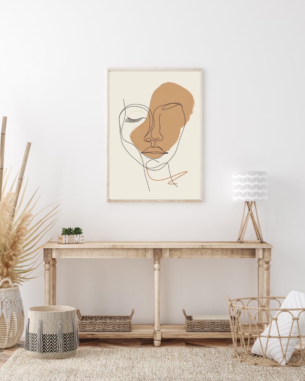 Abstrakt väggposter med ansiktslinjer i beige- och boholook, Nordanio, som visar en modern konstnärlig väggdekoration.