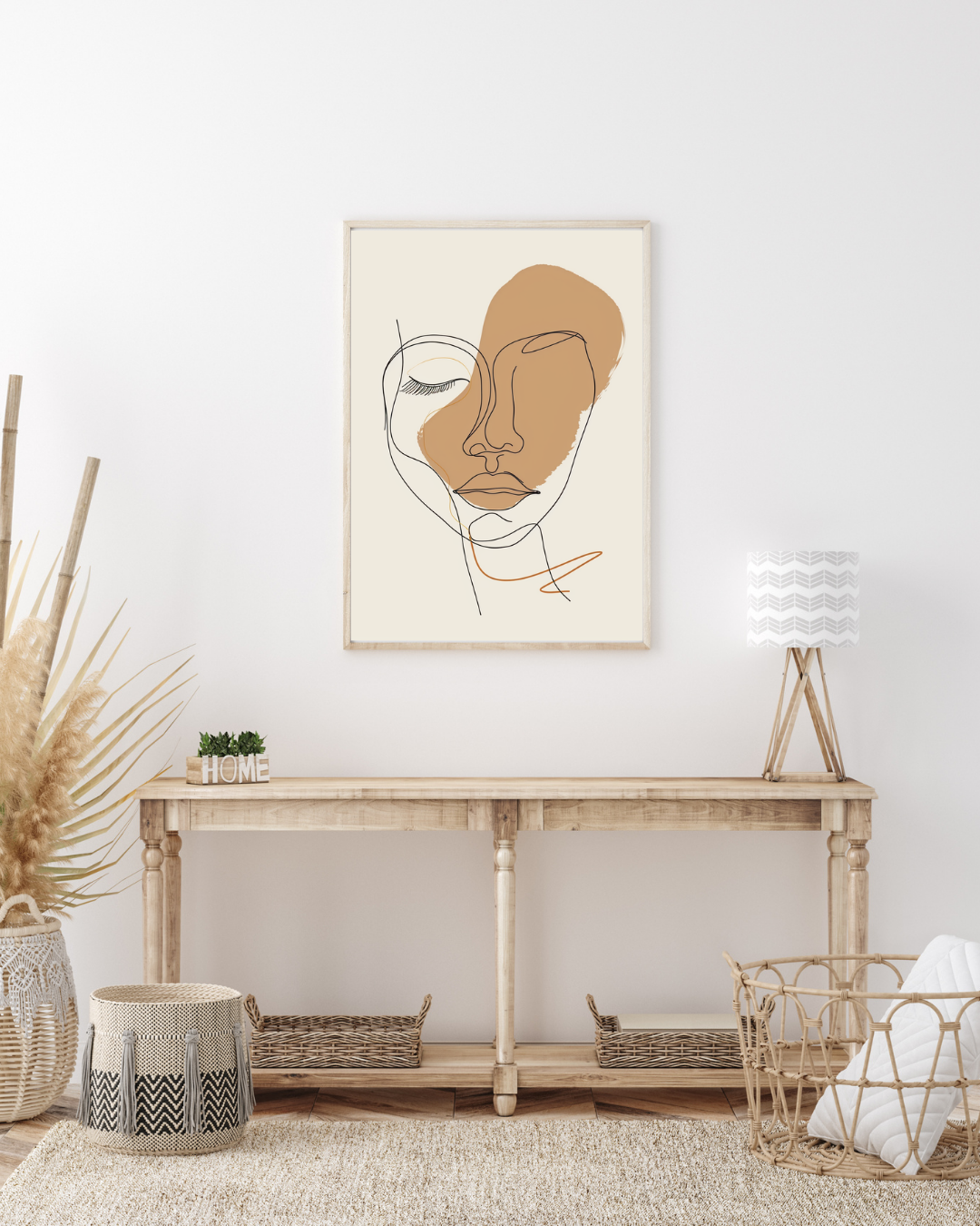 Abstrakt väggposter med ansiktslinjer i beige- och boholook, Nordanio, som visar en modern konstnärlig väggdekoration.