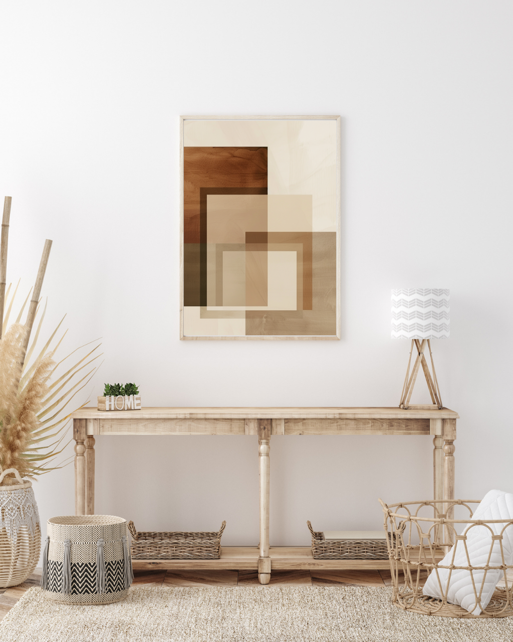 Beige abstrakt väggposter från Nordanio med lagerformer för en modern bohemisk inredningsstil.