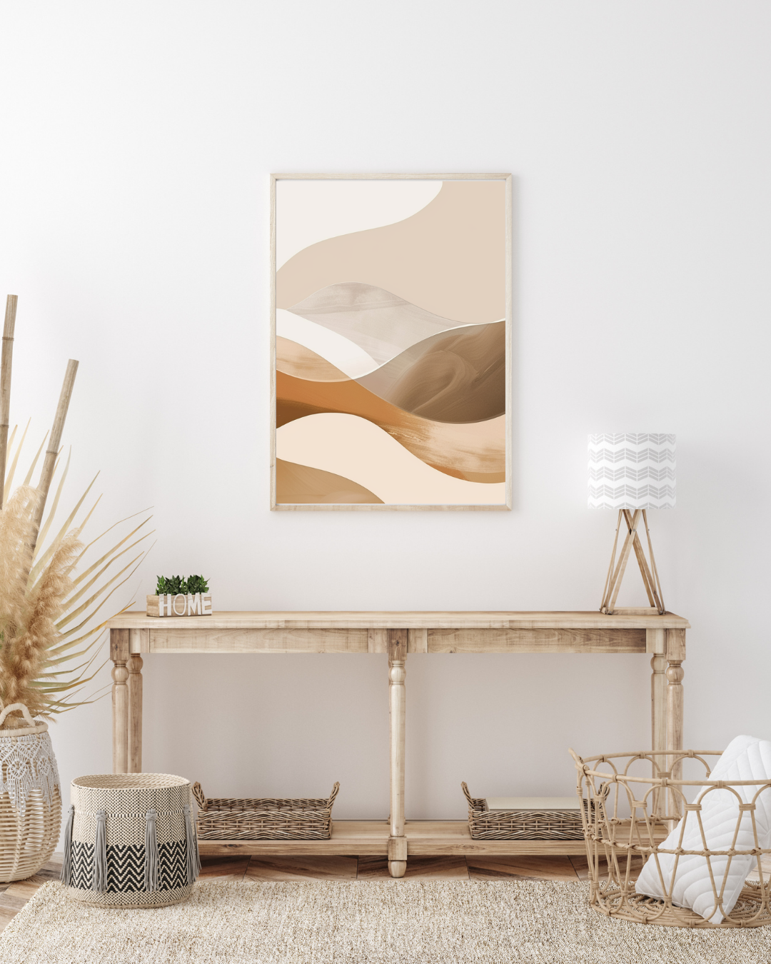Beige abstrakt väggposter från Nordanio med linjer och modern boho-stil, perfekt för väggdekoration.