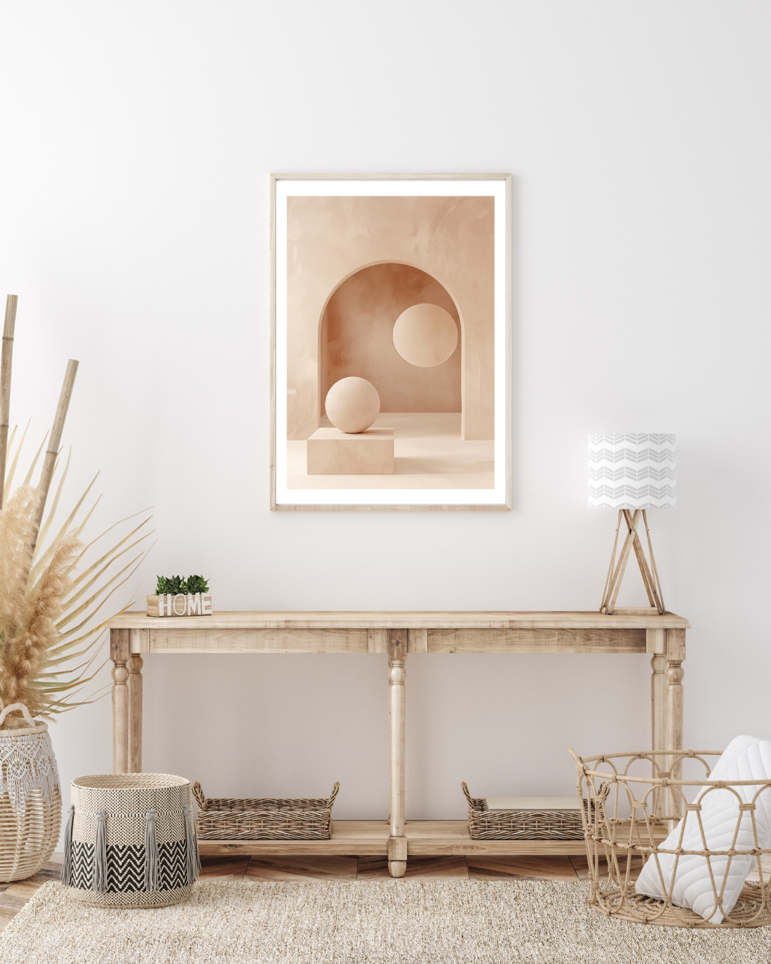 Beige abstrakt väggposter med cirkelmotiv från Nordanio, modern bohemisk konst för inredning.