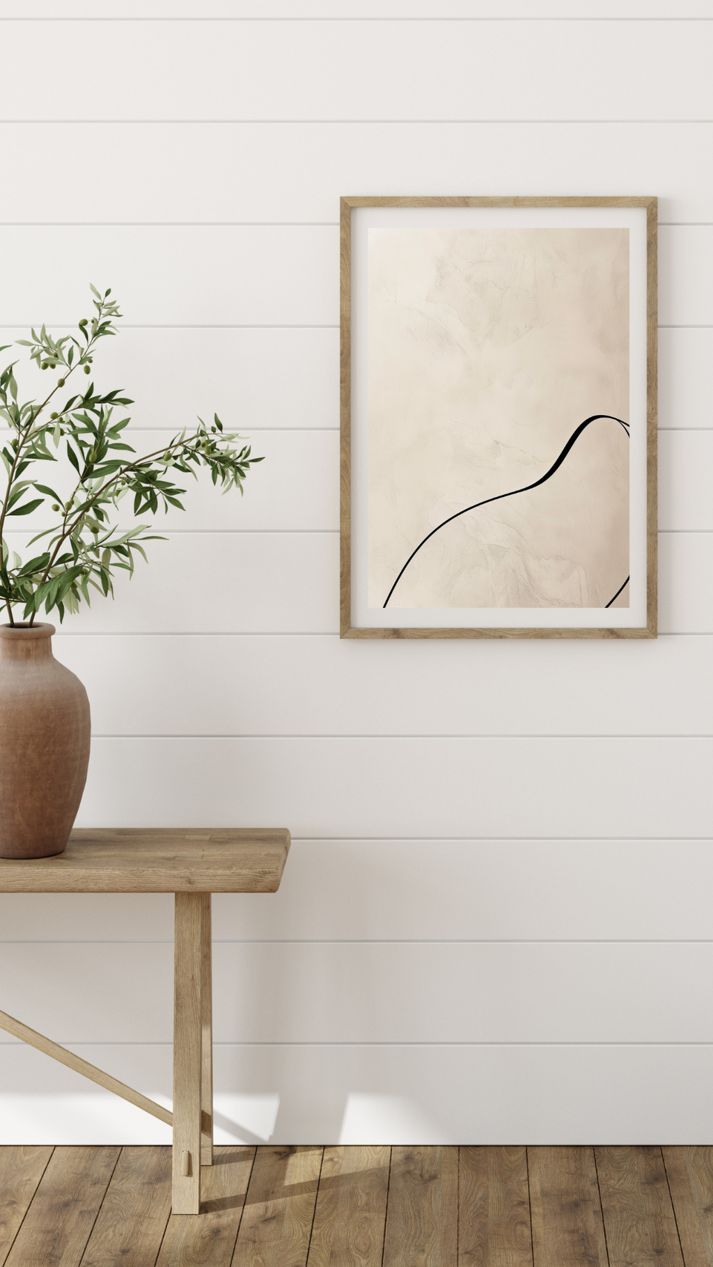 Beige och grönt abstrakt väggposters med minimalistisk ram från Nordanio, modern konst för väggdekoration.