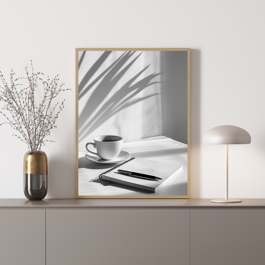 Svartvit minimalist affisch från Nordanio, beigegrå väggkonst för vardagsrummet, inramad och modern inredningsdetalj