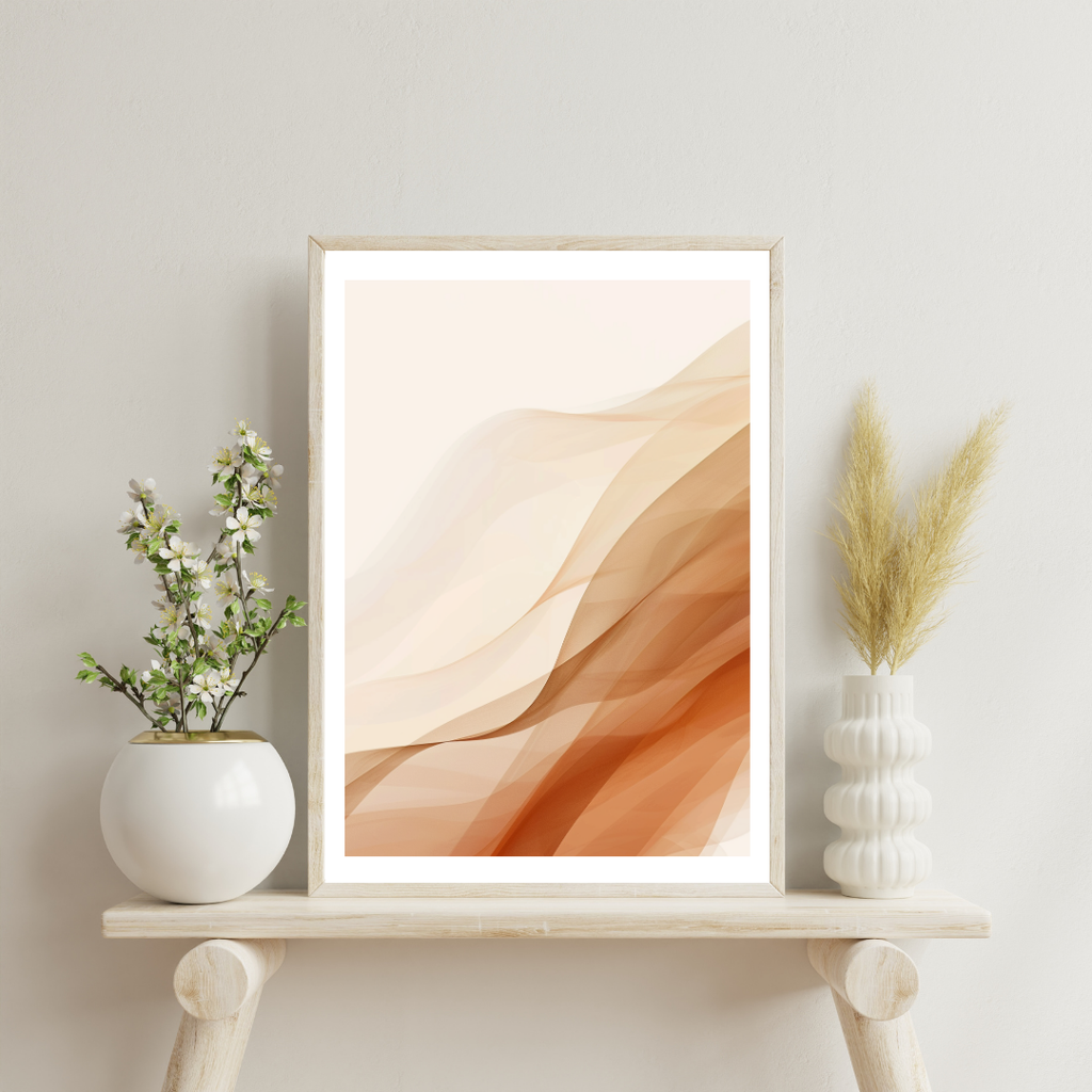 Beige minimalist abstrakt väggposter från Nordanio i kontinuerlig linjestil, inramad och visad i mockup för sociala medier