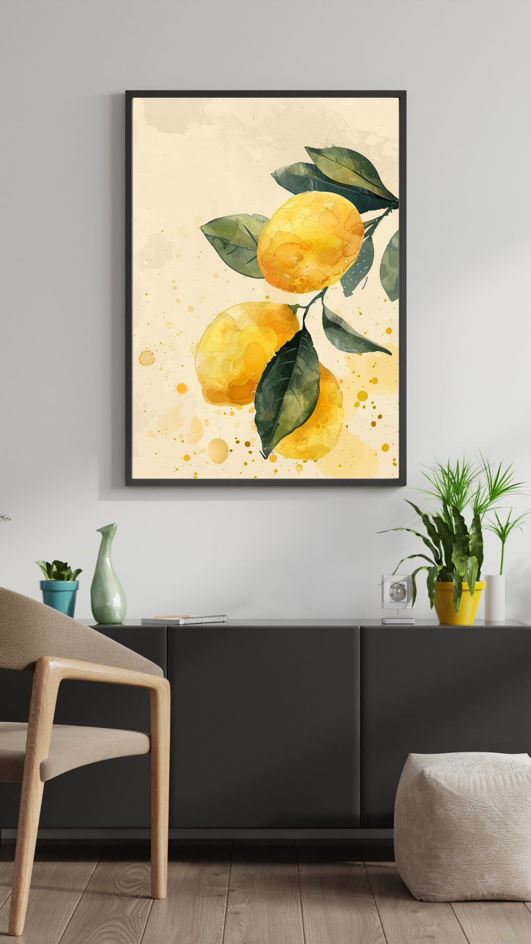 Beige minimalist 3D väggbild med citron watercolor poster från Nordanio, perfekt för fruktinspirerad inredning.