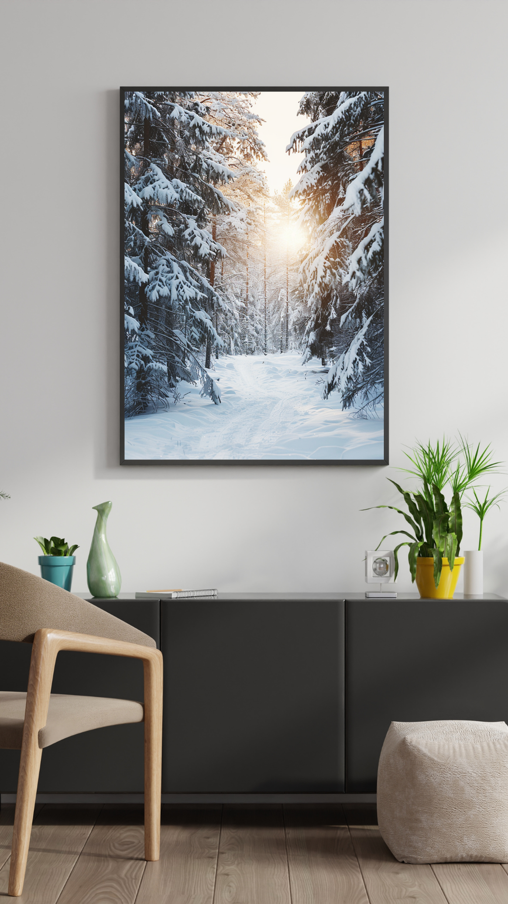 Snöklädda träd på naturposter av Nordanio, beige minimalistisk väggbild i 3D-ram, perfekt för naturinspirerad inredning.