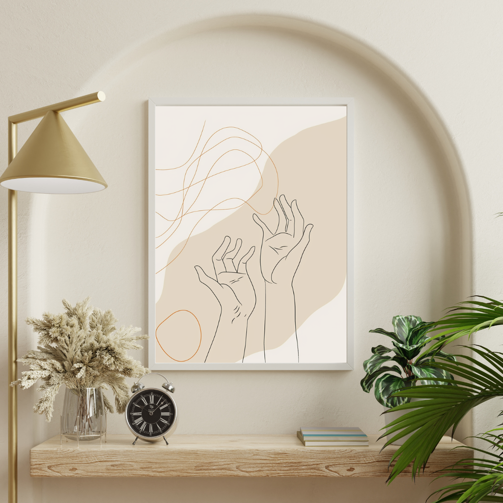 Beige abstrakt handmålat väggposter av Nordanio med minimalistisk 3D-ram för väggdekoration.