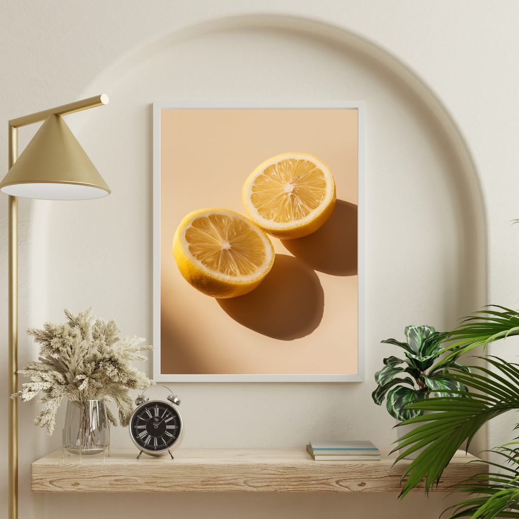 Beige minimalist 3D väggbild av citronhalvor som poster från Nordanio, perfekt för fruktinspirerad inredning.