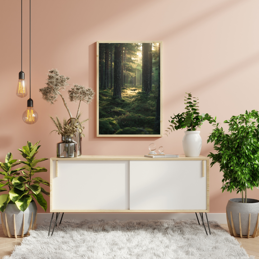 Beige naturposter med skogselement från Nordanio, minimalistisk väggdekor i ram för modern inredning.
