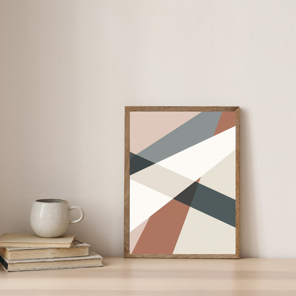 Abstrakt diagonal poster från Nordanio i beige minimalistisk ram för väggdekor, liggande inramad konst för moderna hem.