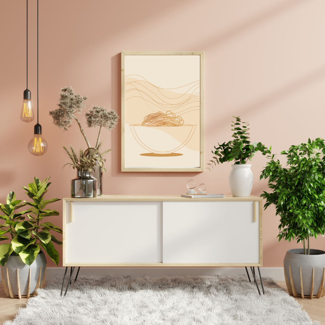 Beige minimalist fruktposter med illustration av pasta, Nordanio väggposter för modern inredning