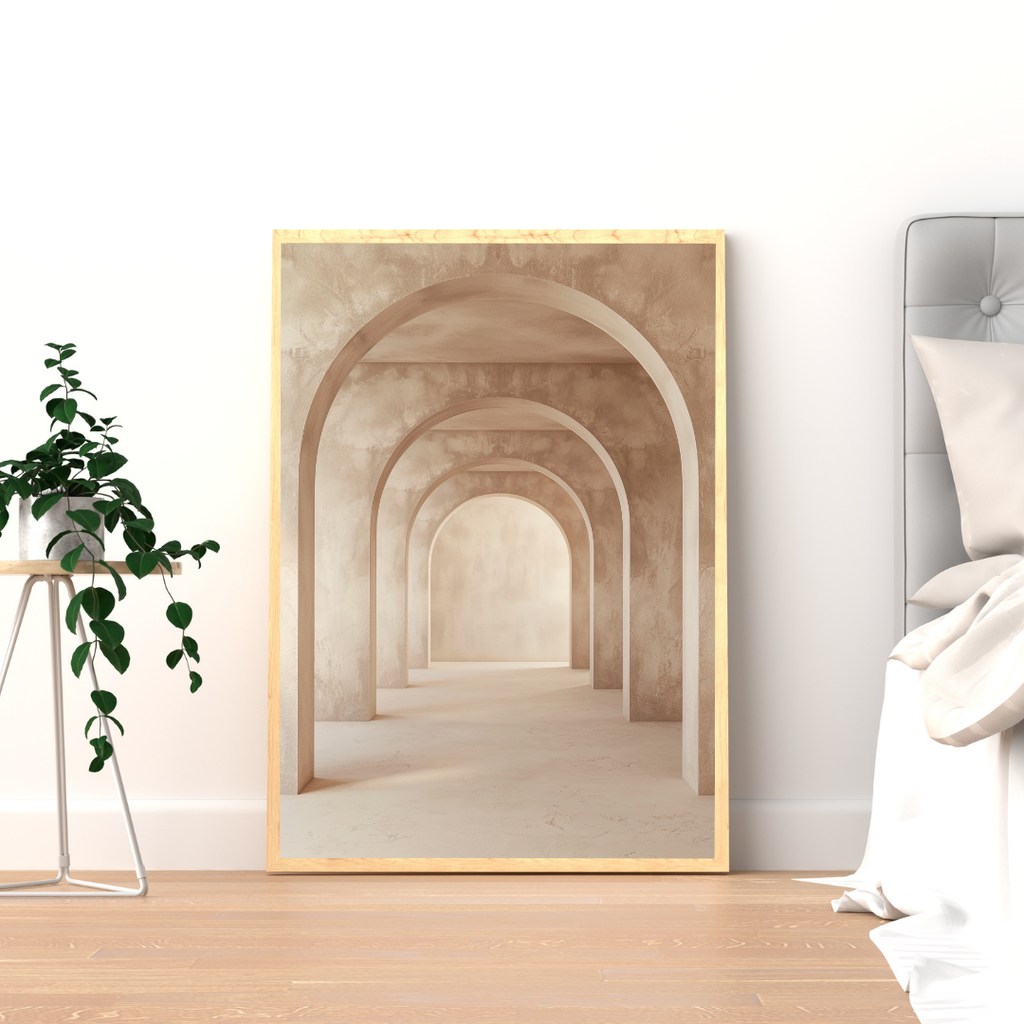 Beige minimalist abstrakt väggposter i ram från Nordanio, modern väggdekoration för hemmet.