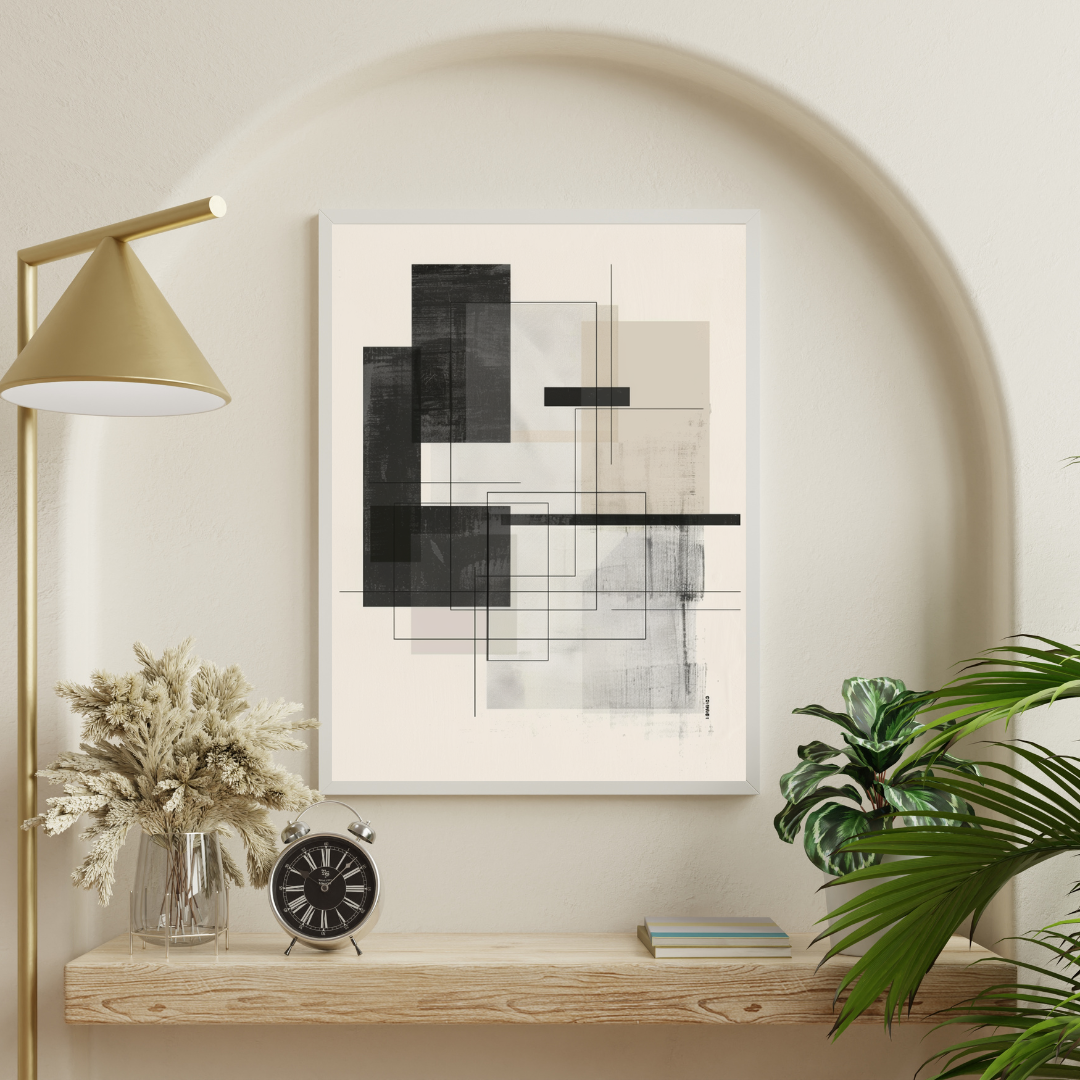 Beige abstrakt väggposter med geometriska linjer från Nordanio, modern inredningsdetalj för vardagsrummet.