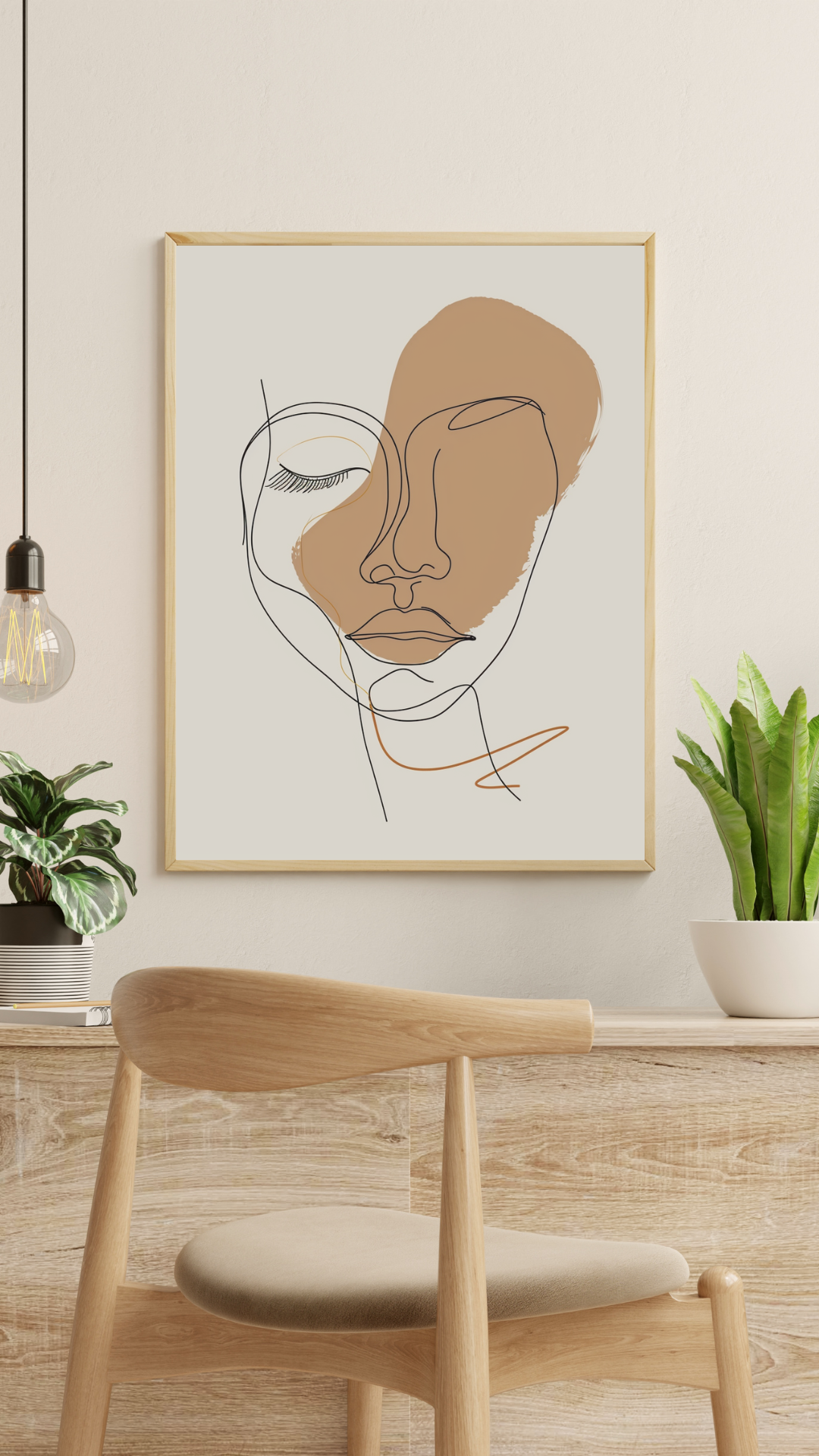 Abstrakt väggposter med ansiktslinjer i beige och modern design, inramad i trä för en minimalistisk inredningsstil.