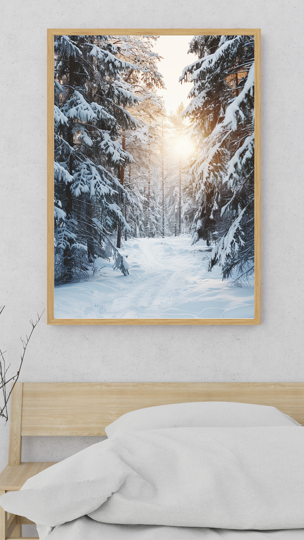 Snöklädda träd på naturposter av Nordanio, beige minimalistisk väggbild i modern stil.