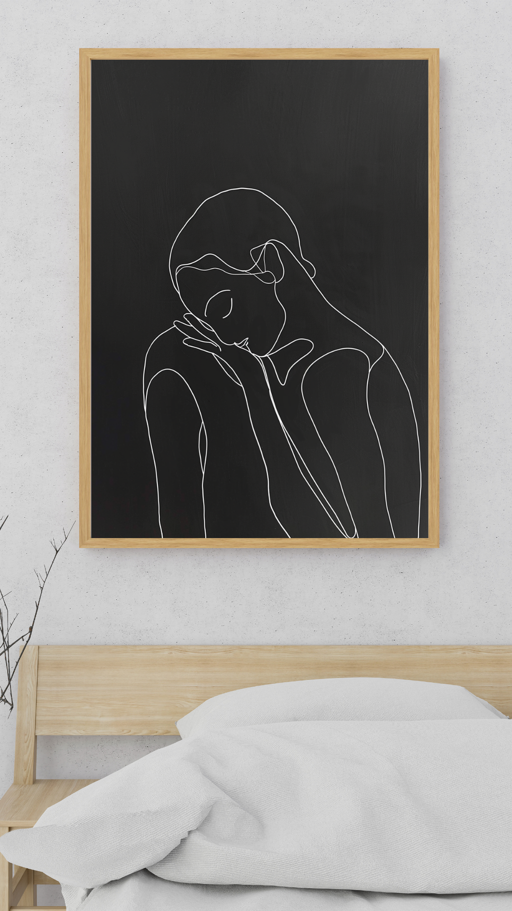 Beige minimalist väggposter med linjefigur i mörk konststil från Nordanio, perfekt för modern inredning.