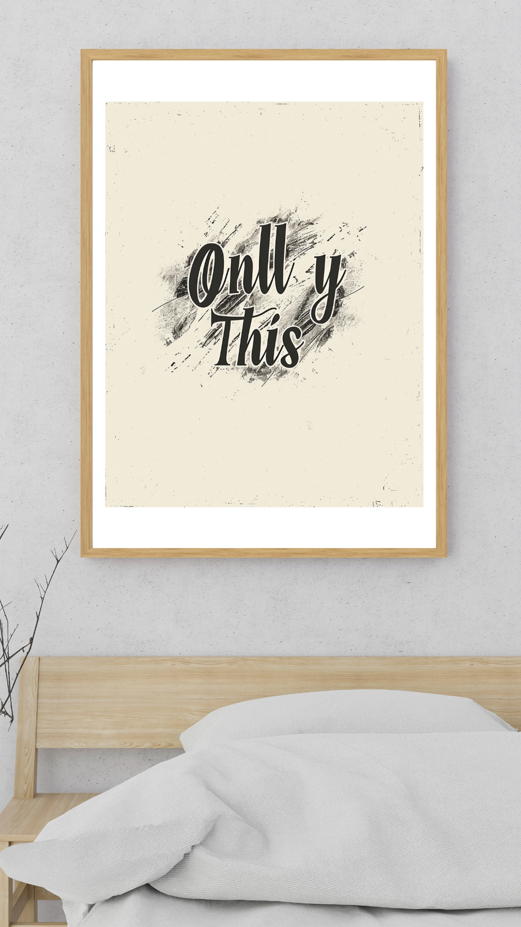 Beige modernist typografiposter från Nordanio i minimalistisk design, inramad på vit vägg, perfekt för modern inredning.
