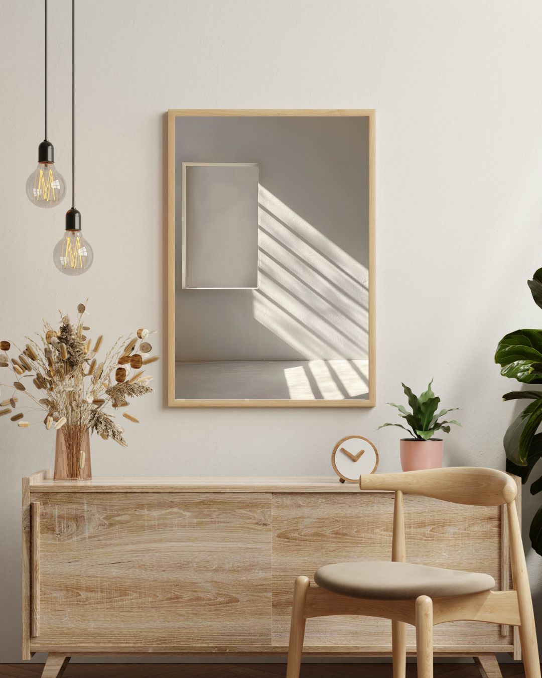 Nordanio abstrakt väggposter "Window Shadows" i beige-nyanser, modern skandinavisk inredning med träram i vardagsrum.