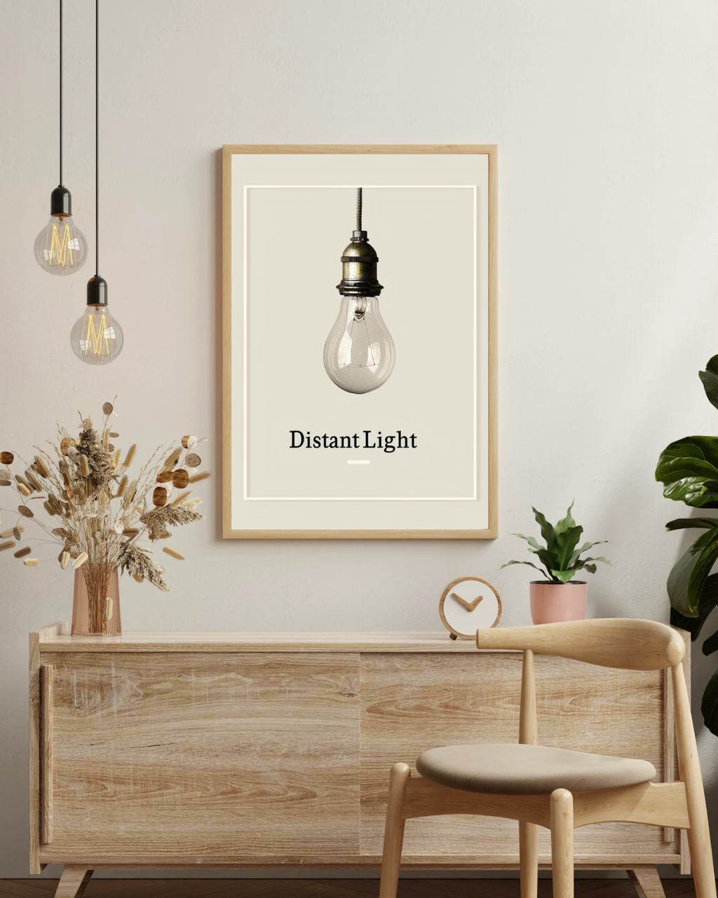 Beige skandinavisk typografiposter från Nordanio i träram, väggkonst för modern vardagsrumsinredning.