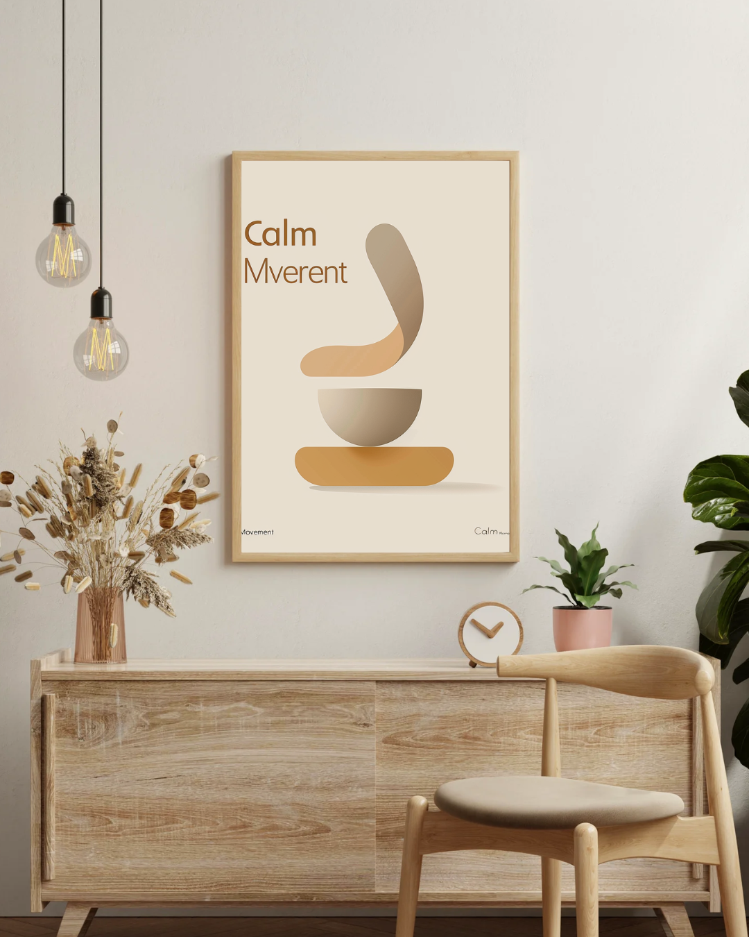 Beige typografiposter från Nordanio med texten Calm Movement, väggkonst i skandinavisk stil för vardagsrum.