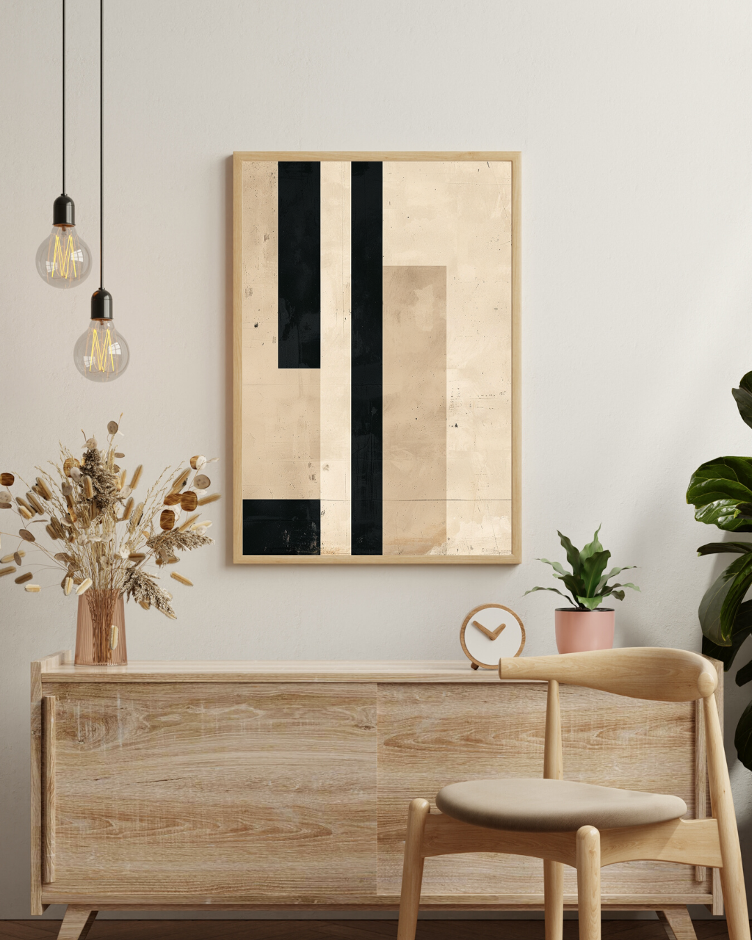 Beige abstract väggposter med vertikala linjer från Nordanio i modern skandinavisk stil, inramad i trä för vardagsrummet.