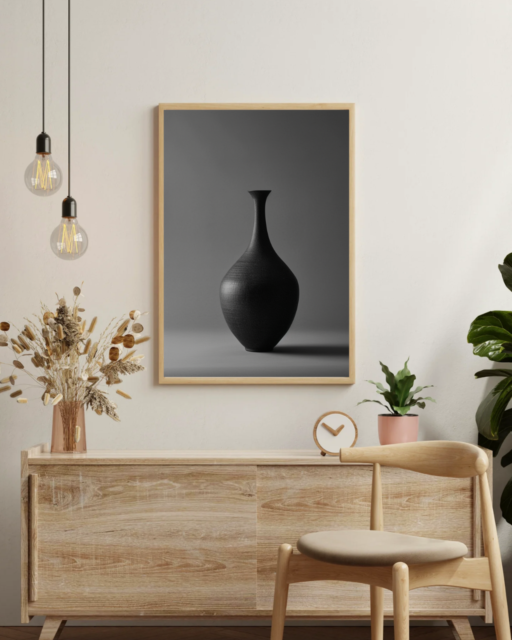 Beige keramisk vas poster med mörk konststil, väggkonst från Nordanio i modern skandinavisk stil, väggdekoration i träram.